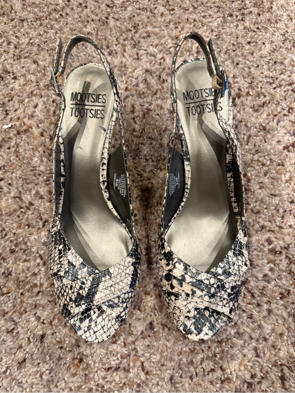 Mootsies Tootsies Beige and Black Snake-Print Peep-Toe Slingback Heels